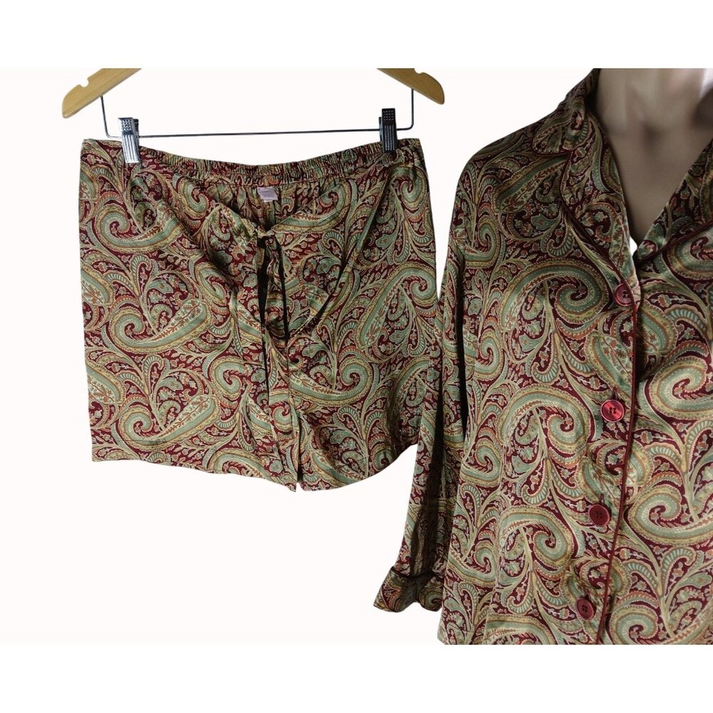 Victorias Secret Gold Burgundy 2 Pc Pajama Set L XL Menswear Button Top Shorts - Picture 4 of 15